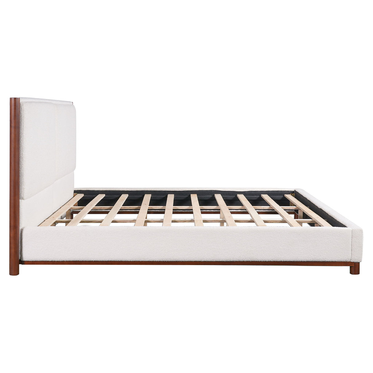 King Upholstered Bed Frame, No Box Spring Needed - Walnut / White