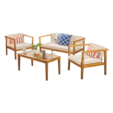 4 - Piece Acacia Wood Patio Set with Beige Cushions (ID N597210) - Outdoor Furniture Sets available at Alpine Outlets in Denver