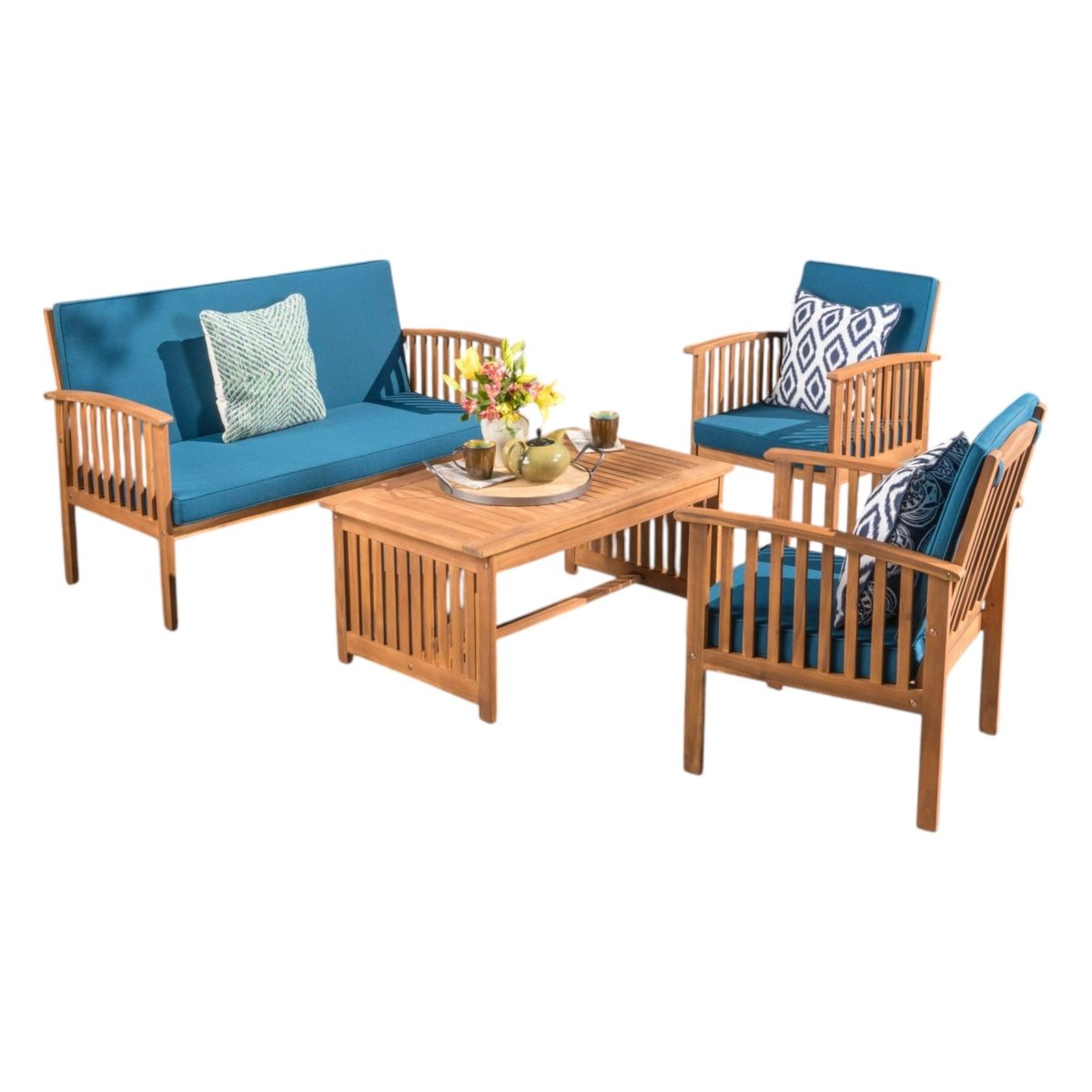 4 - Piece Acacia Wood Patio Set with Teal Cushions (ID N456789) - Outdoor Furniture Sets available at Alpine Outlets in Denver