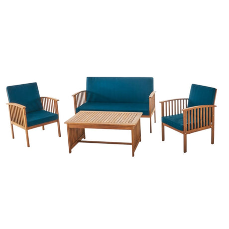 4 - Piece Acacia Wood Patio Set with Teal Cushions (ID N456789) - Outdoor Furniture Sets available at Alpine Outlets in Denver