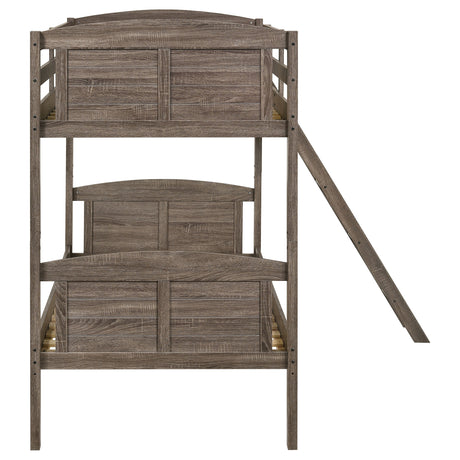 Flynn Wood Twin Over Twin Bunk Bed in Weathered Brown