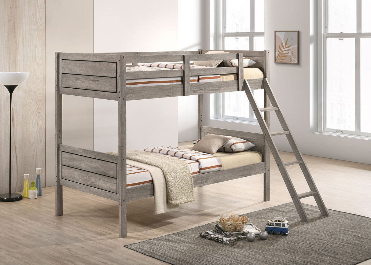 Ryder Wood Twin Over Twin Bunk Bed with Mattress - Weathered Taupe