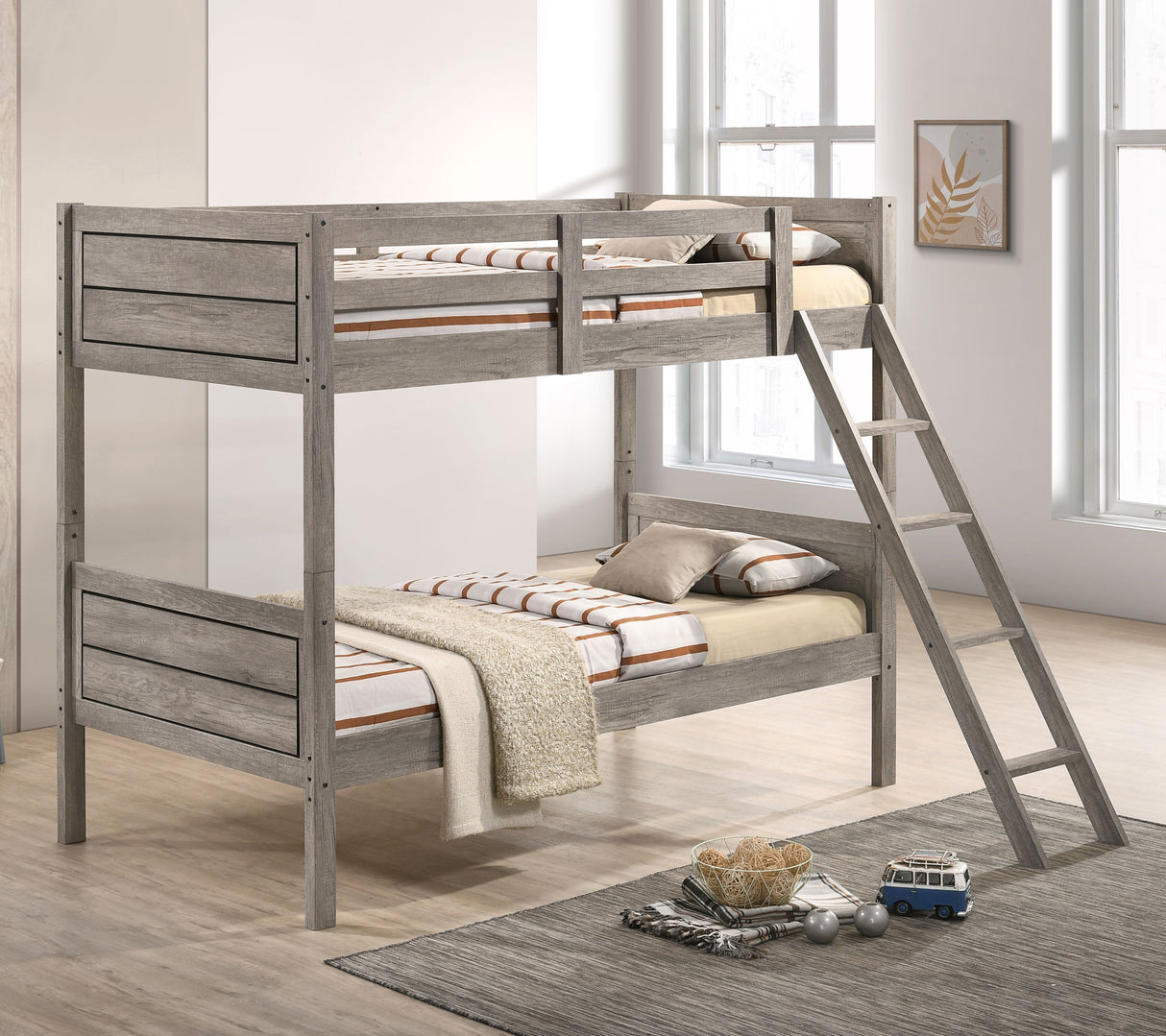 Ryder Wood Twin Over Twin Bunk Bed in Weathered Taupe