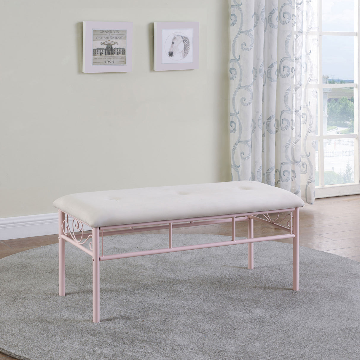 Massi Fabric Upholstered Bench in White and Powder Pink