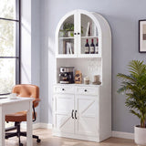 Tall Arched Pantry Cabinet With Charging Station, Adjustable Shelves, Coffee Bar