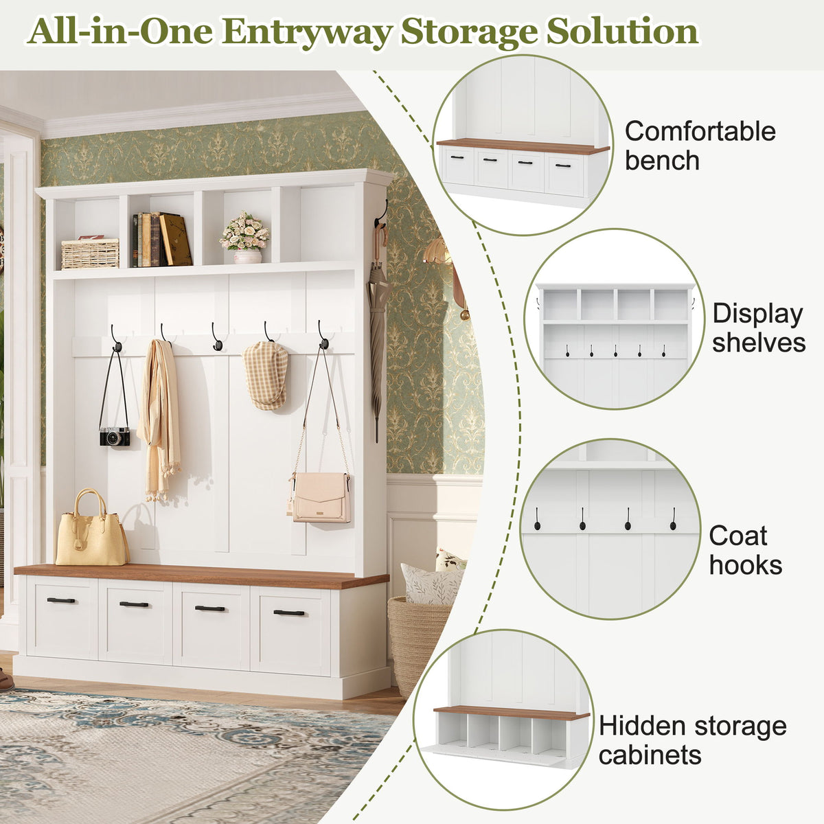 Hall Tree With Storage Bench Mudroom Coat Rack With 6 Hooks