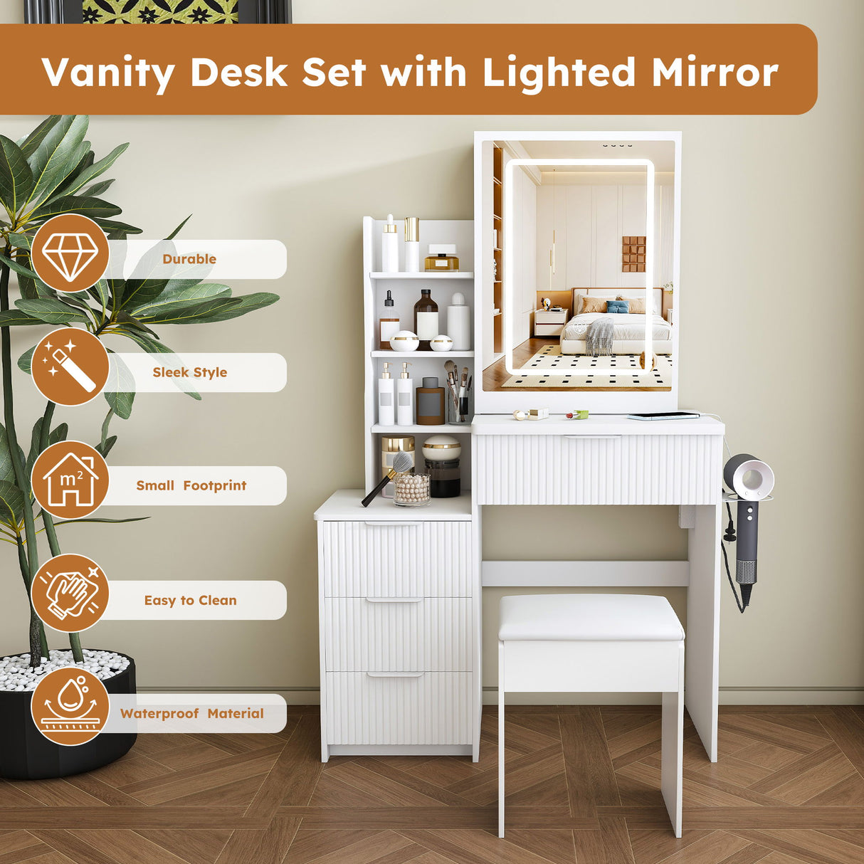 Modern Vanity Desk With 3 LED Lighting Modes, 4 Drawers