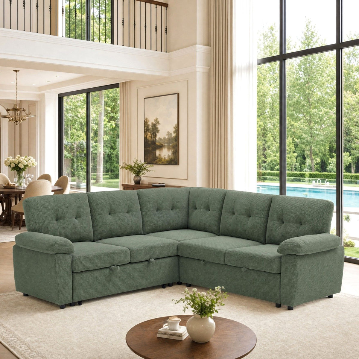 Convertible Sectional Sofa Bed With Pull Out Sleeper And Storage