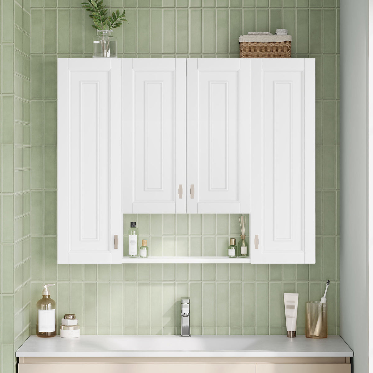 Bathroom Cabinet With 5 Adjustable Shelves, Soft Closing Hinges, Open Shelving Design - White