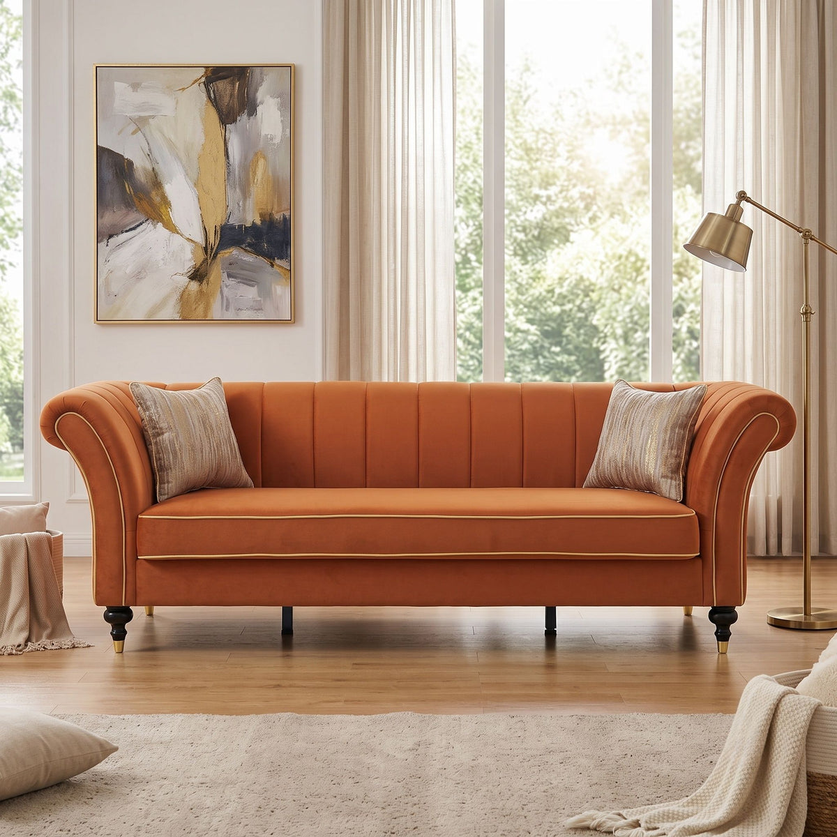 3 Seater Sofa With Rolled Arms, Vertical Channel Tufted Backrest