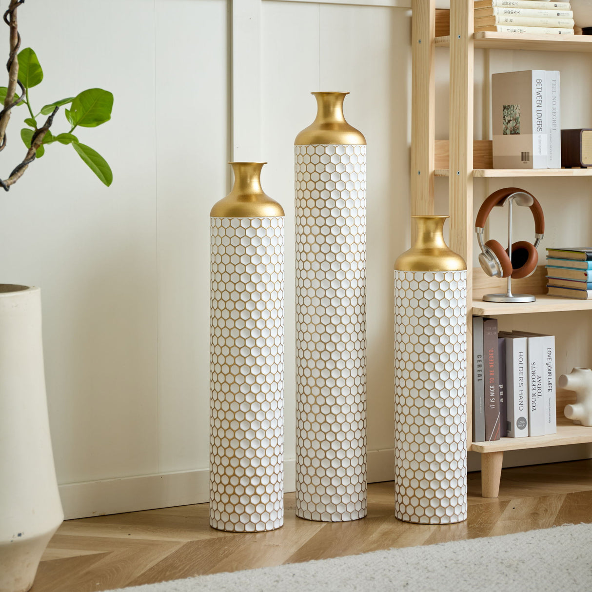 3 Piece Set Gorgeous Home Decoration Large Glazed Floor Vase Decoration Home Droplet Shaped - Gold / White