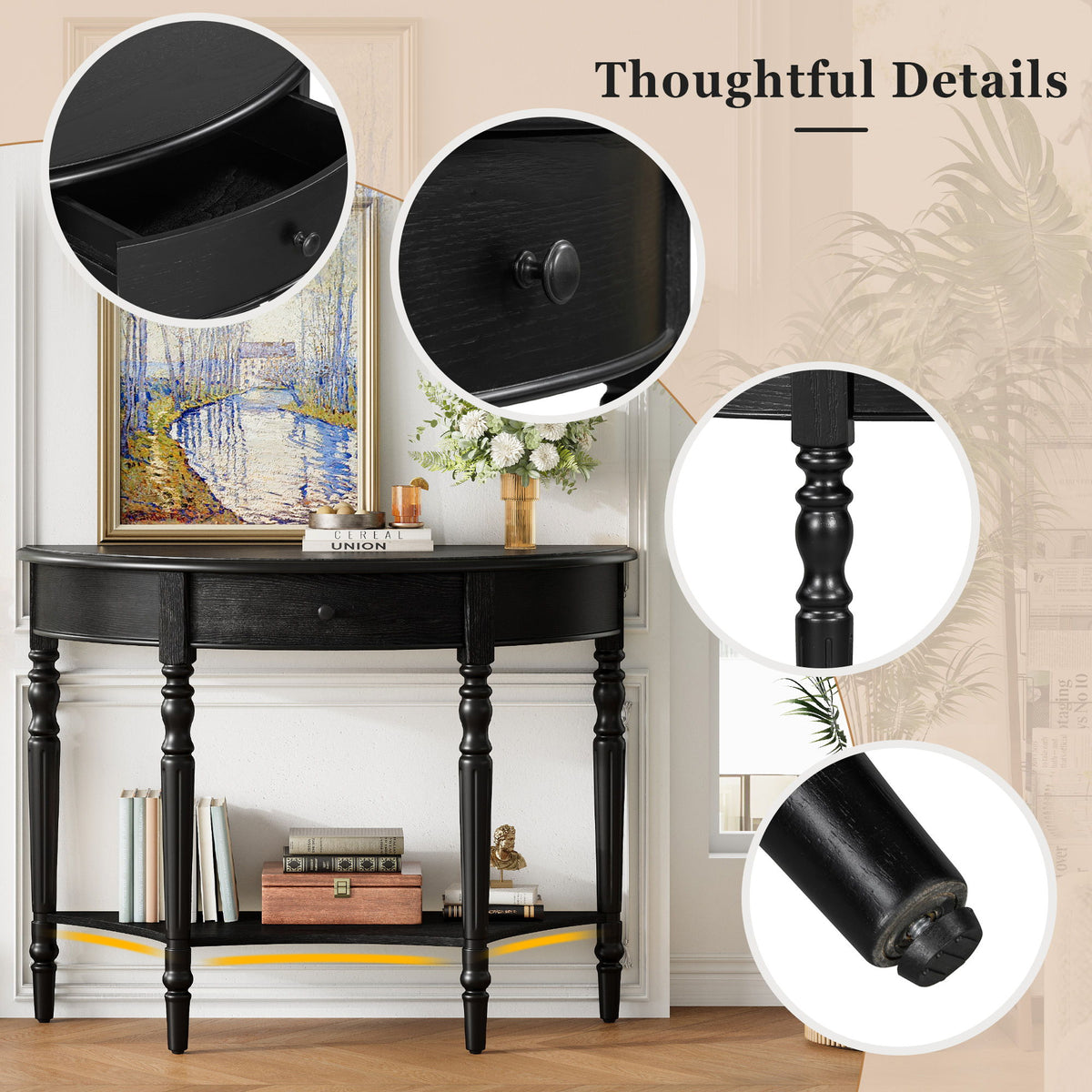 Half Moon Console Table With Drawer & Shelf Accent Table For Entryway - Black