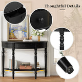 Half Moon Console Table With Drawer & Shelf Accent Table For Entryway - Black