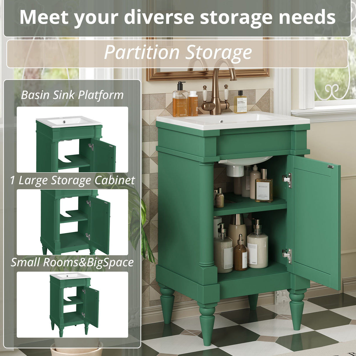 Bathroom Vanity With Sink, Compact Storage Cabinet With Door, Adjustable Shelf, Rectangular Style - Green