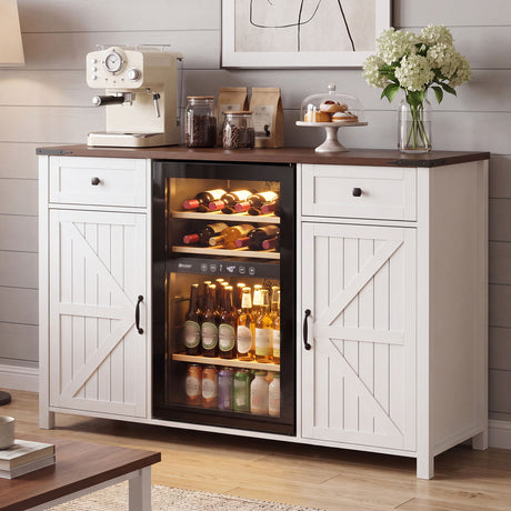 Coffee Bar With Mini Fridge Space & Built In Charging Station, Large Bar Cabinet With Drawers & Adjustable Shelves For Kitchen - White