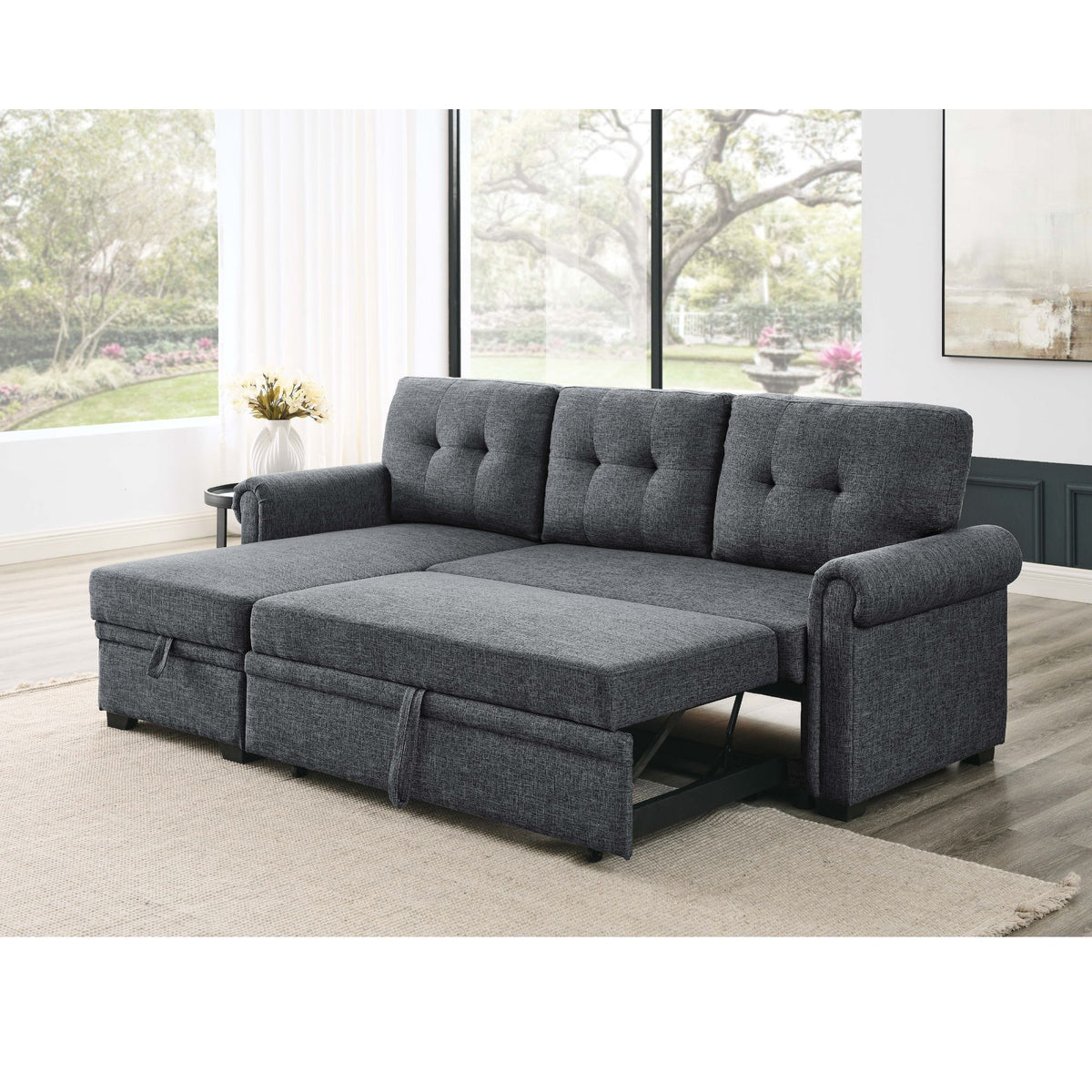 Upholstered Sleeper Sofa With Reversible Storage Chaise - Dark Gray