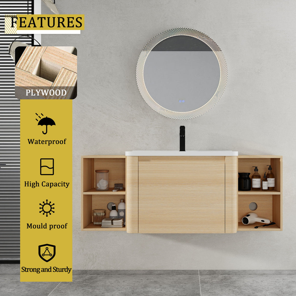 Wall Mounted Bathroom Vanity With Sink, Storage Shelves & Soft Close Door