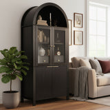 Fluted Tall Arched Pantry Cabinet With Adjustable Shelves, Glass Door & Hidden Drawer For Kitchen
