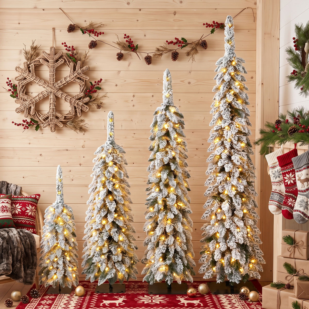 4 Pack Slim Pencil Christmas Trees With Snow Tips, Warm LED Lights, For Indoor Use - Green