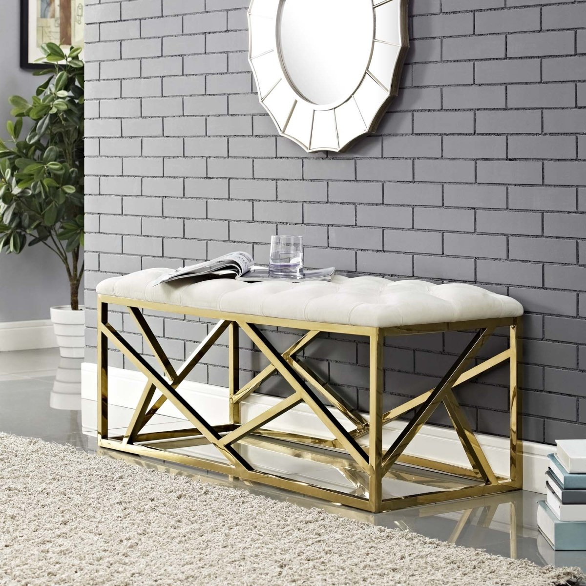 42 Inch Captivating Tufted Velvet Bench in Gold Ivory - Benches available at Alpine Outlets in Denver