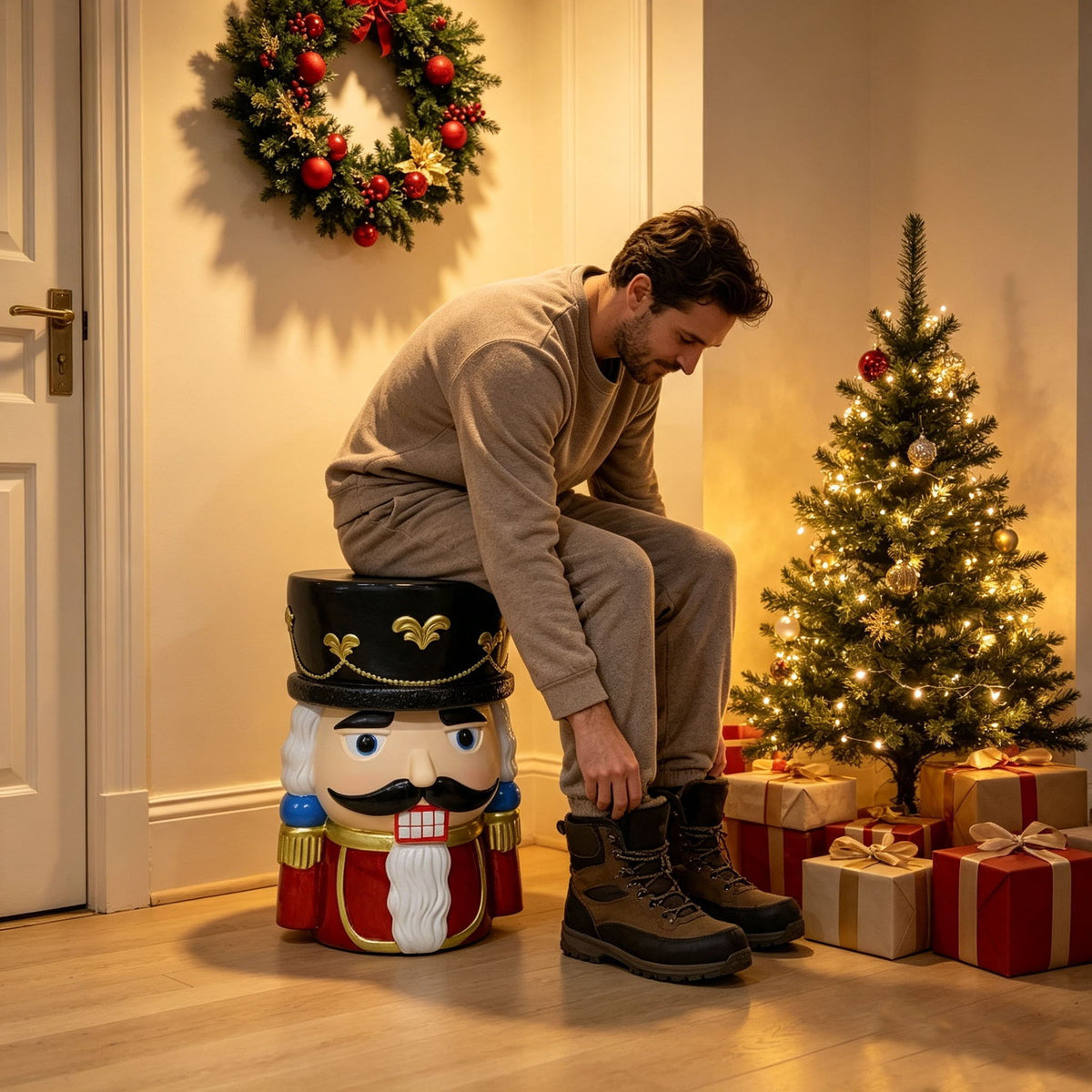 Classic Nutcracker Soldier Stool, Retro Christmas Decor Figurine Seat, Indoor Outdoor Use - Black / Red