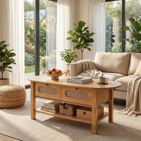 Oval Coffee Table With With 2 Storage Drawers For Living Rooms - Wood