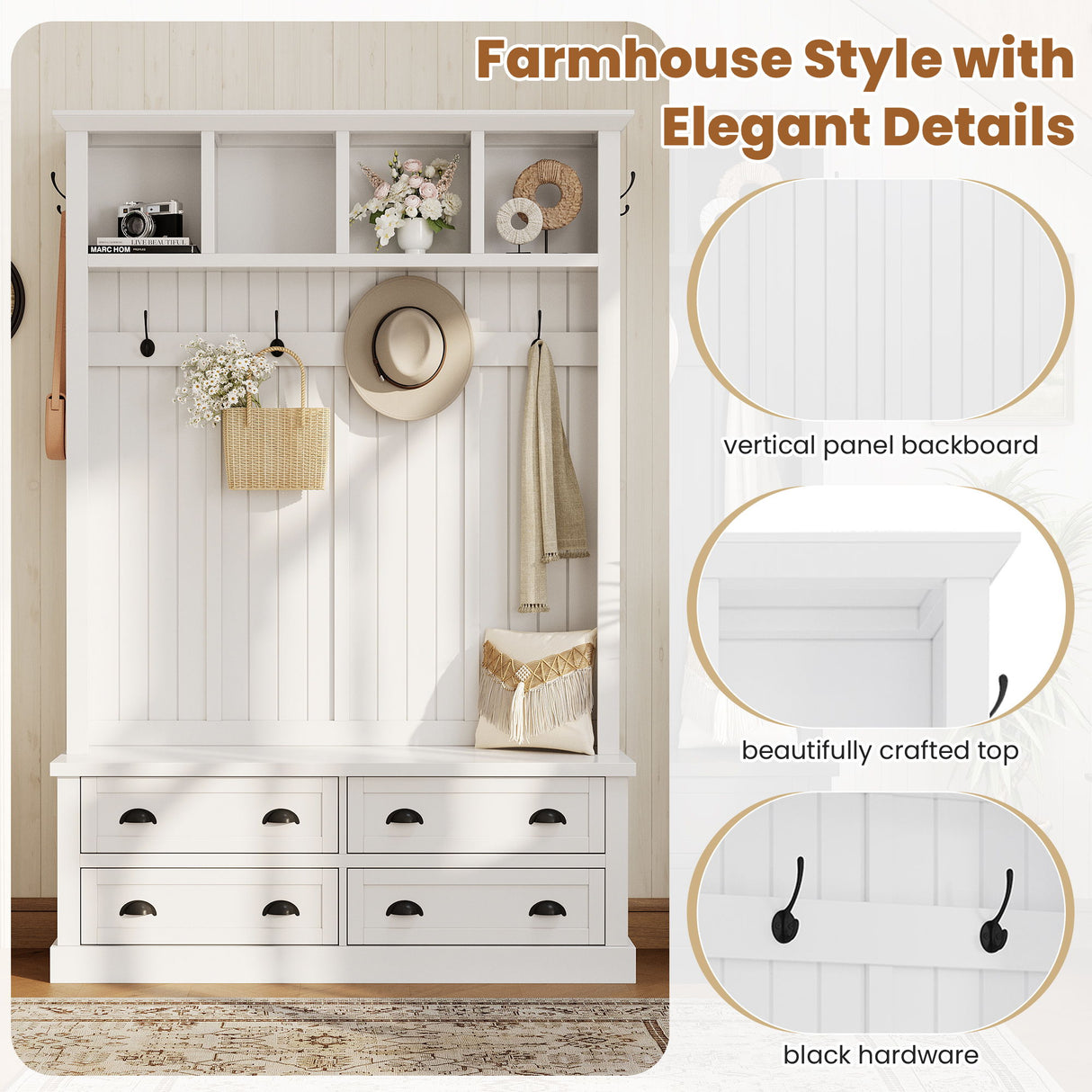 Hall Tree With 4 Drawers, Coat Rack With 6 Hooks