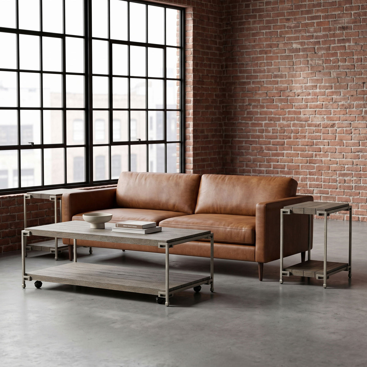 Corbeta - 3 Piece Metal Frame Wood Living Room Coffee Table And 2 Chairside Tables Set, Aged Graphite - Brown