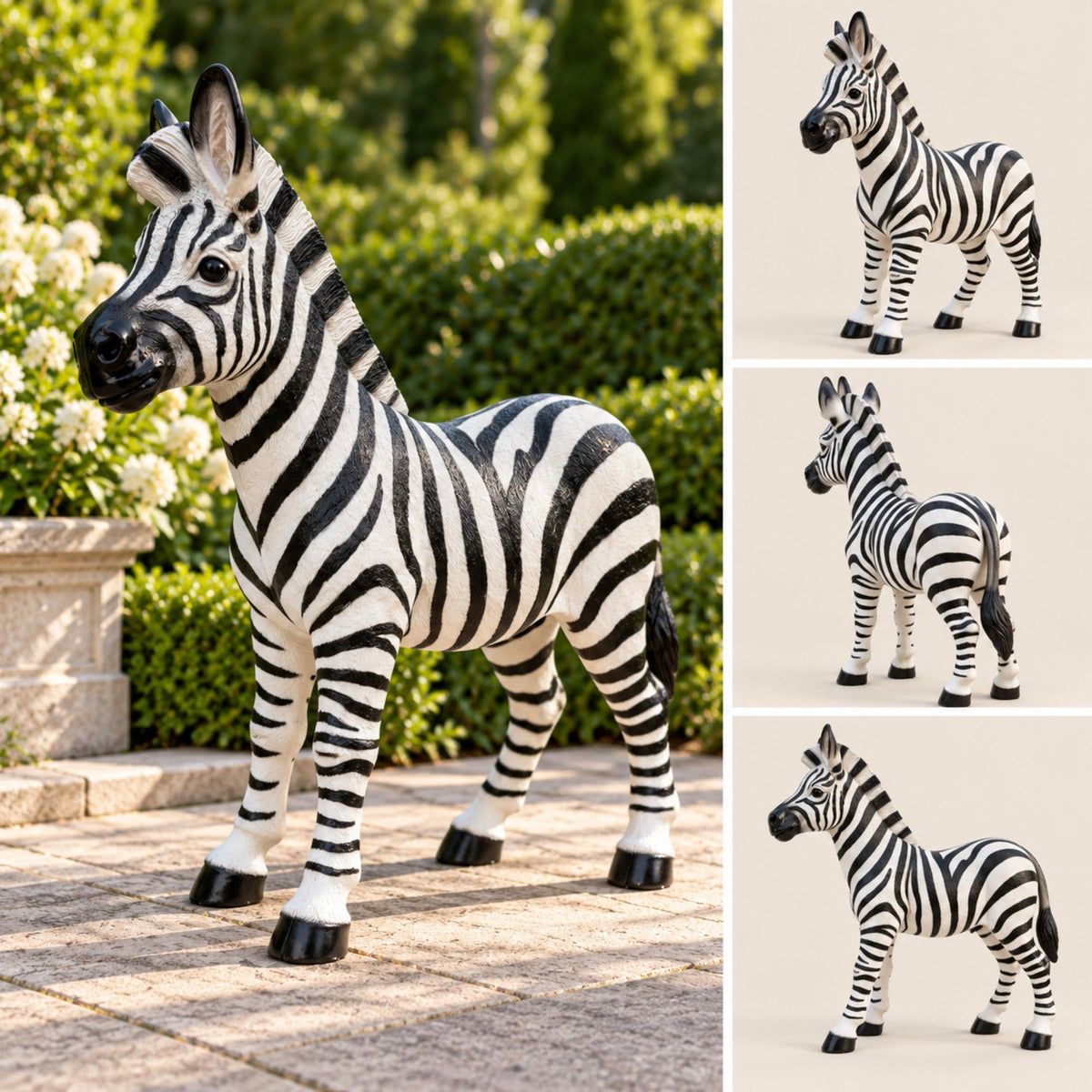 Standing Zebra Garden Statue, Animal Sculpture With 2 Ground Stakes For Outdoor Decor - Black White
