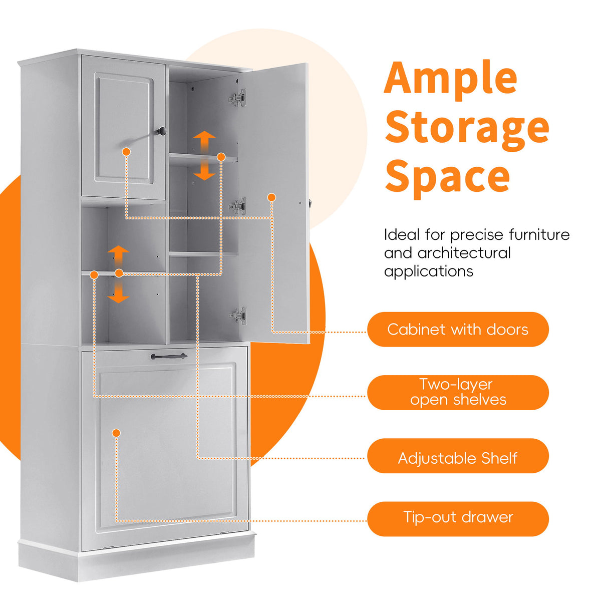 Modern Tall Storage Cabinet With Adjustable Shelves, Flip-Out Basket & Enclosed Doors