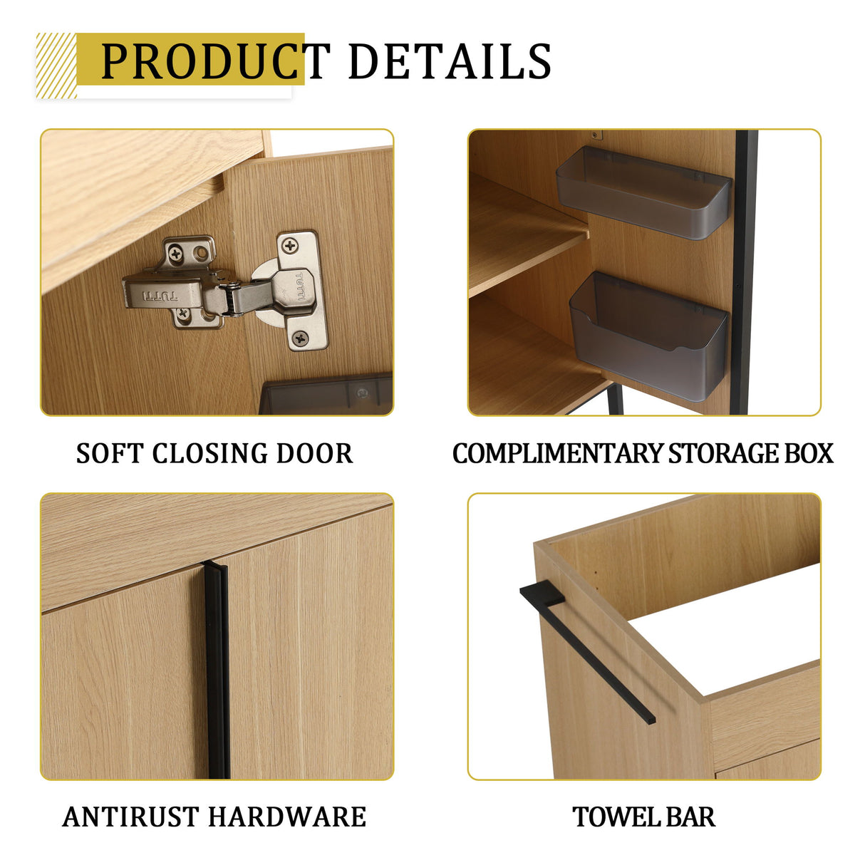 58" Freestanding Bathroom Cabinet With 4 Soft Close Doors & 3 Open Racks (Vanity Only, No Sink) - Oak