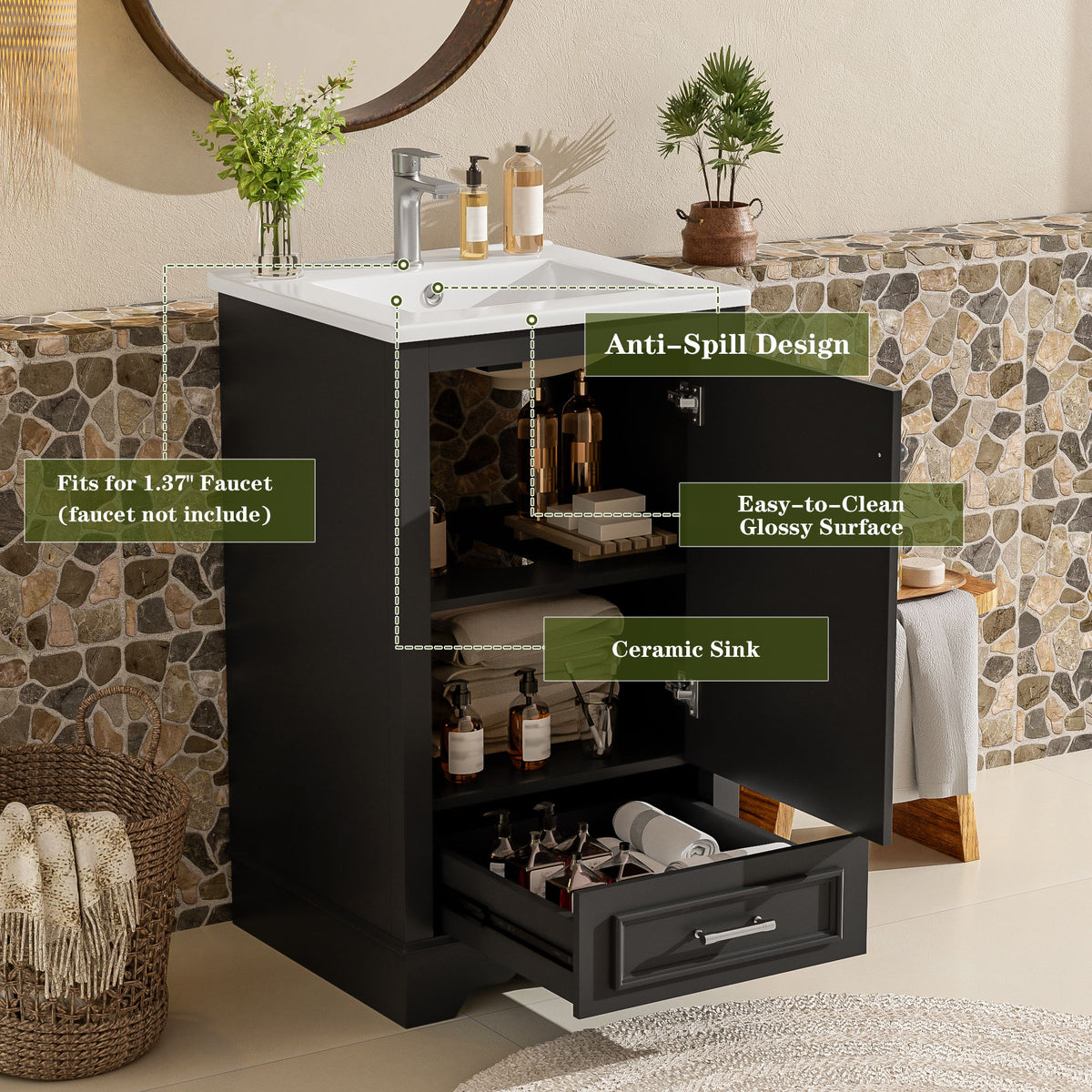 20" Bathroom Vanity With Sink, 1 Drawer, Freestanding Single Set