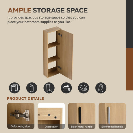 Floating Double Sink Bathroom Vanity Set With Tall Linen Cabinet, Extra Large Storage, Integrated Sink, Soft Close Doors - Glossy White / Light Oak