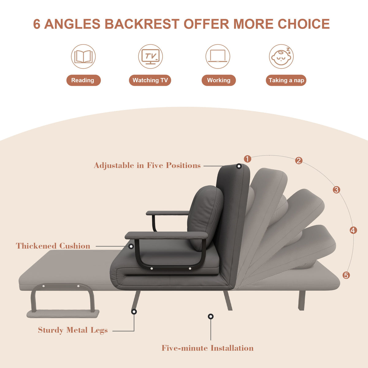 5 In 1 Folding Sofa Bed With 5 Position Adjustable Backrest