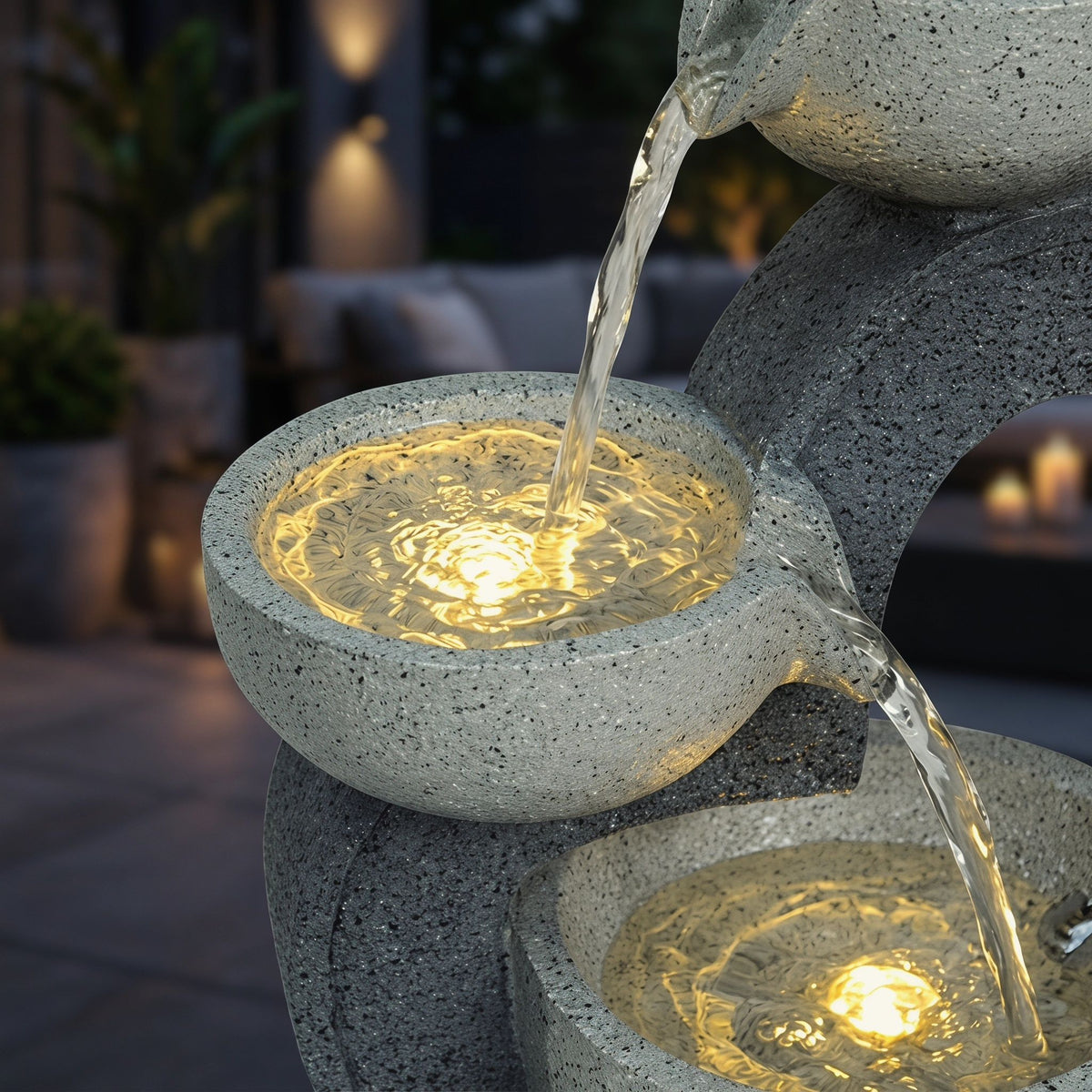 3 Tier Outdoor Water Fountain With Warm LED Lights, Stone Textured Cascading Design For Patio - Gray