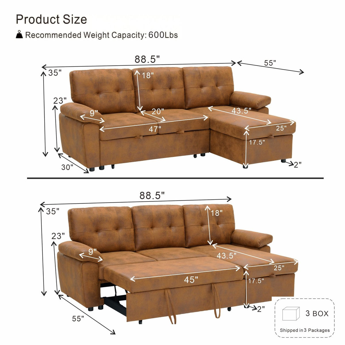 Convertible Sectional Sofa Bed With Pull Out Sleeper And Storage