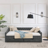 Queen Size Upholstered Daybed With Tufted Back And Nail Trimmed Waved Arms - Gray