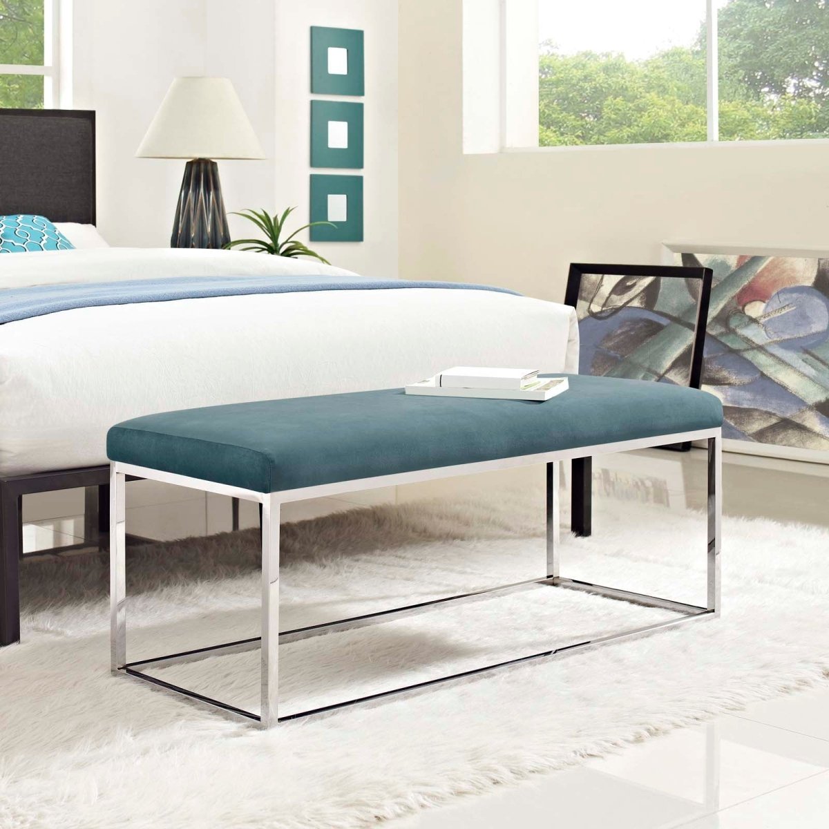 44 Inch Refreshing Modern Performance Velvet Bench in Sea Blue - Benches available at Alpine Outlets in Denver