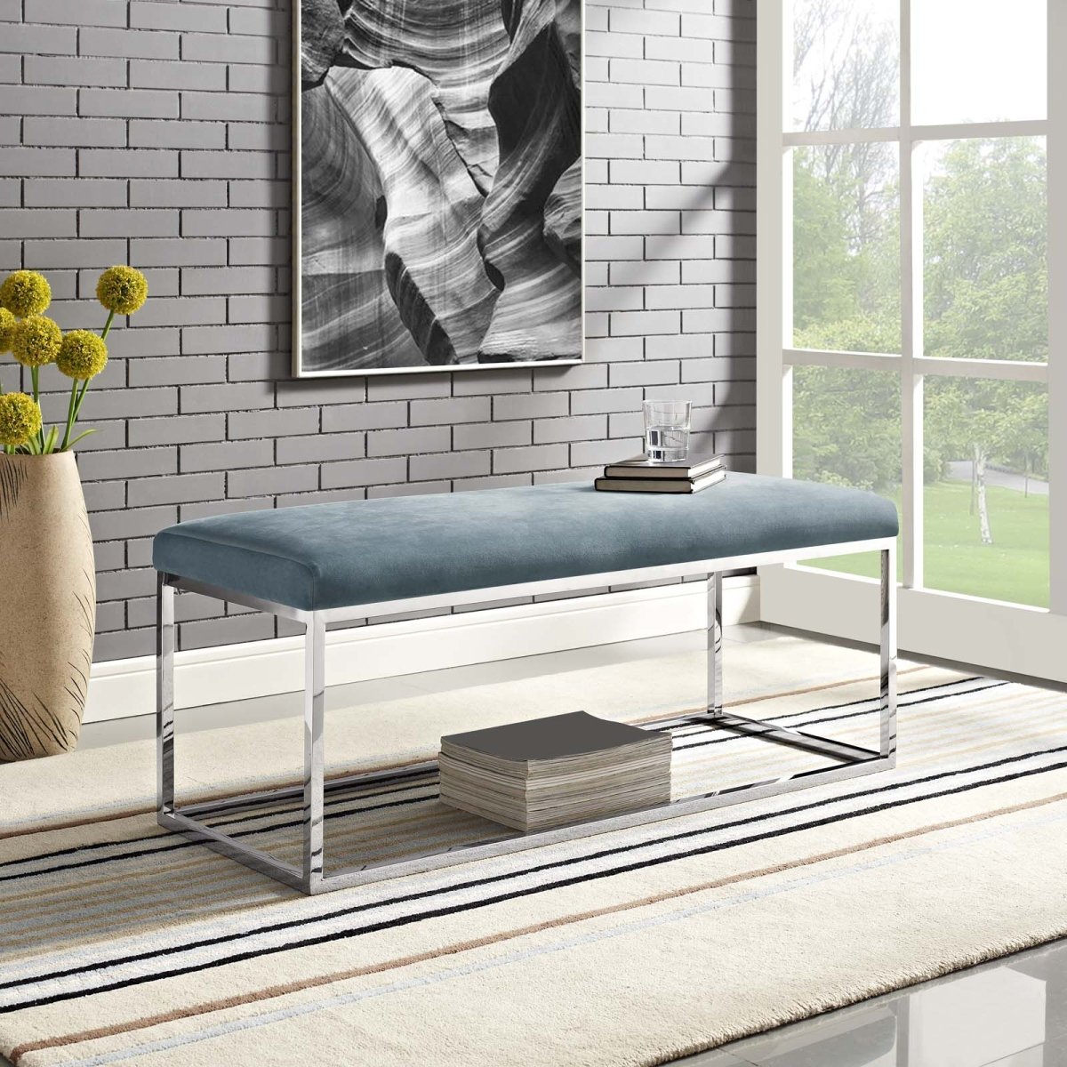 44 Inch Refreshing Modern Performance Velvet Bench in Sea Blue - Benches available at Alpine Outlets in Denver