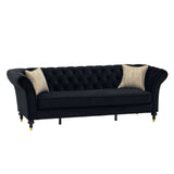 3 Seater Button Tufted Sofa With Rolled Arms, Living Room Couch With 2 Pillows - Black