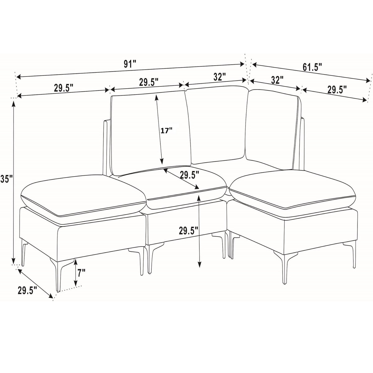 Upholstered Modular Sectional With Tall Legs, Medium Firm Seat