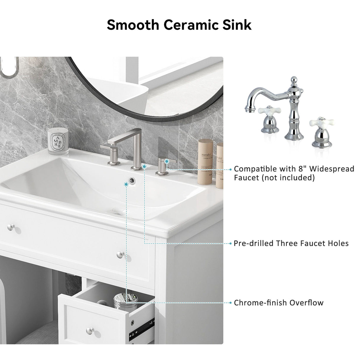 Bathroom Vanity With Sink Top, Cabinet With Door And 2 Drawers - White