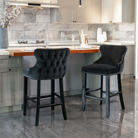 Contemporary Velvet Upholstered Wing-Back Barstools With Button Tufted Decoration And Wooden Legs, And Chrome Nailhead Trim, Leisure Style Bar Chairs, Bar Stools (Set of 2) - Chair Sets - Alpine Outlets