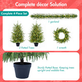 4 Piece Christmas Artificial Trees With Sturdy Bases, Pre Lit Wreath & Garland, Warm LED Lights, Indoor Holiday Decor - Green