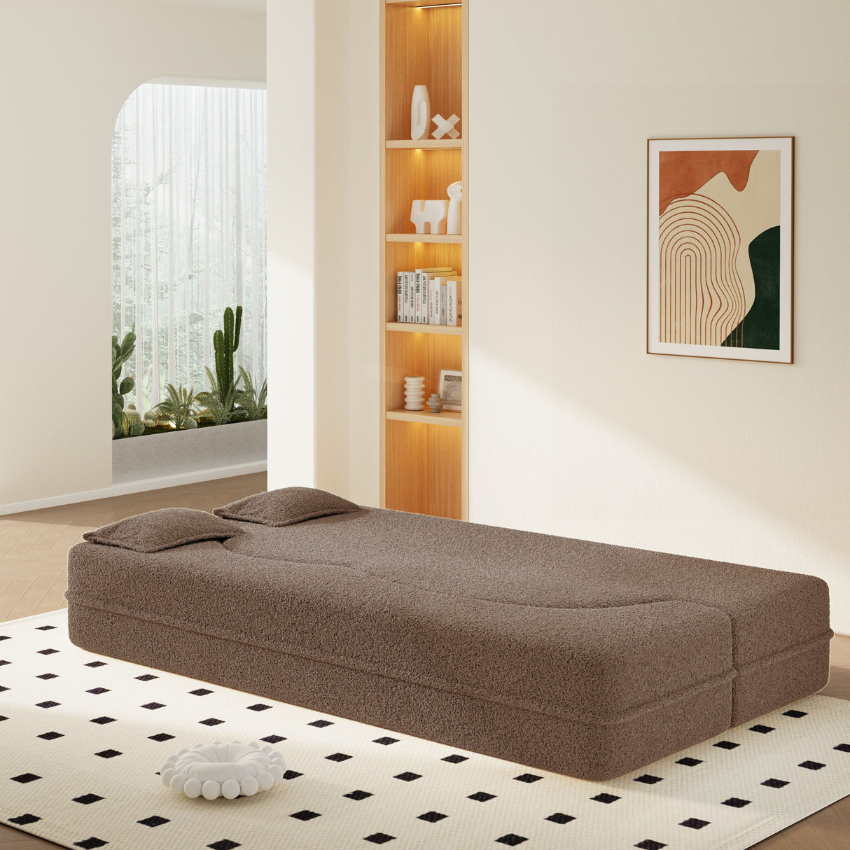 Modern Floor Sleeper Sofa Bed With 2 Pillows, Convertible Twin Size Folding Mattress For Living Room