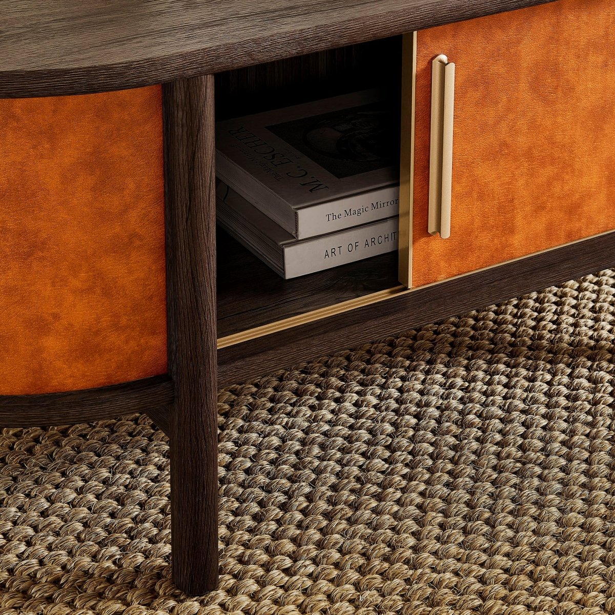 45 Inch Curved Vegan Leather Oval Coffee Table in Walnut Tan - Coffee Tables available at Alpine Outlets in Denver