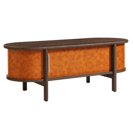 45 Inch Curved Vegan Leather Oval Coffee Table in Walnut Tan - Coffee Tables available at Alpine Outlets in Denver