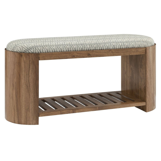 45 Inch Geometric Upholstered Bench with Solid Acacia Wood and Storage Shelf - Benches available at Alpine Outlets in Denver