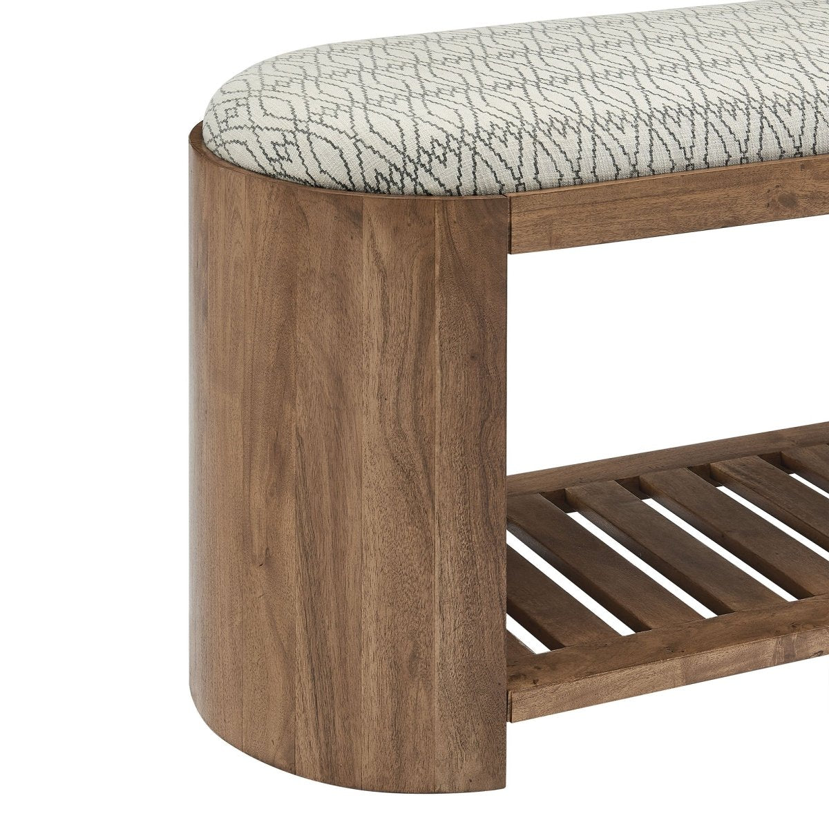 45 Inch Geometric Upholstered Bench with Solid Acacia Wood and Storage Shelf - Benches available at Alpine Outlets in Denver