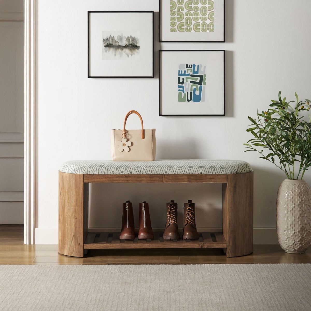 45 Inch Geometric Upholstered Bench with Solid Acacia Wood and Storage Shelf - Benches available at Alpine Outlets in Denver